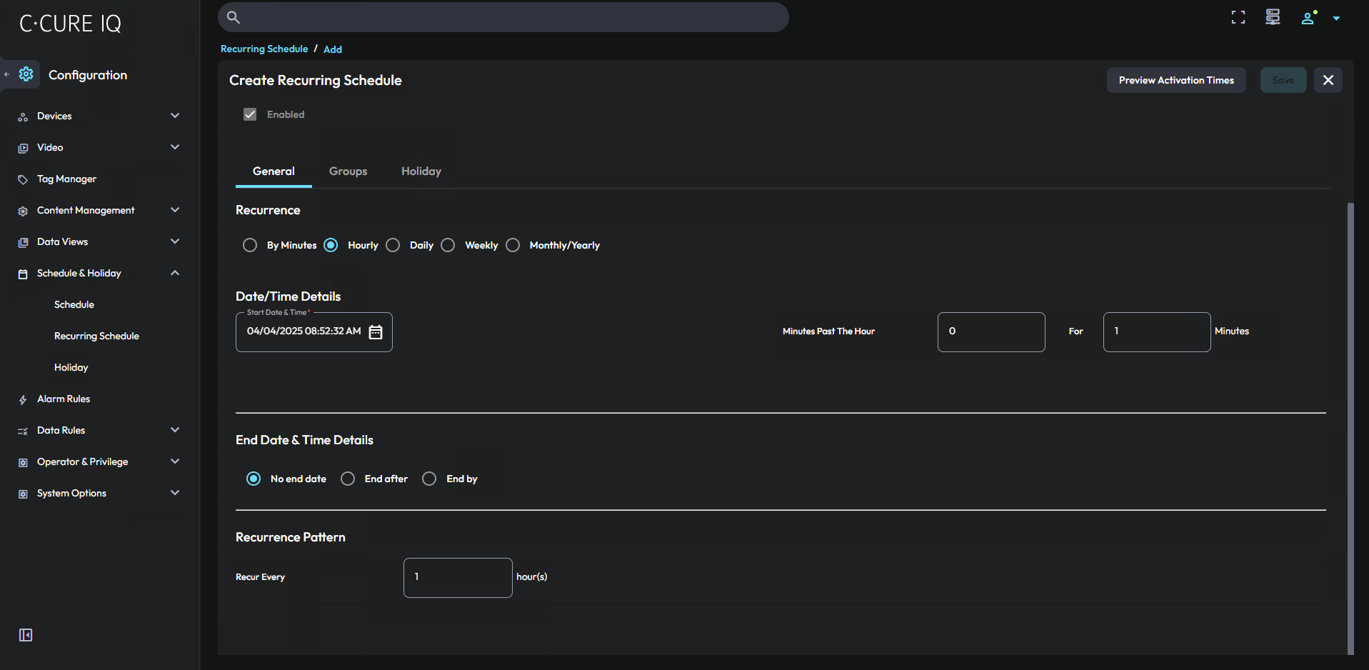 Image of the recurring schedule editor