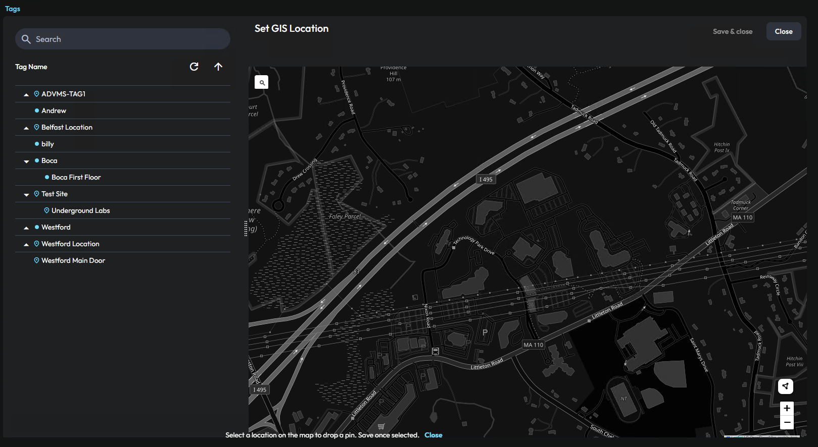 Image of the GIS map on the tag manager page