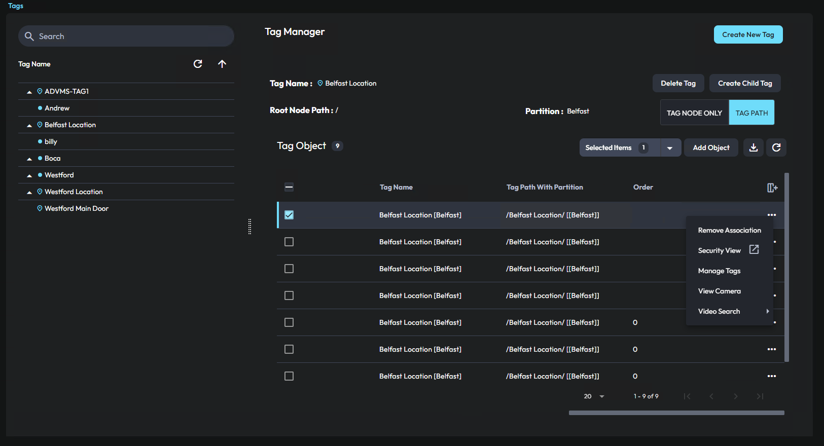Image of the tag manager page, with tag context menu displayed.