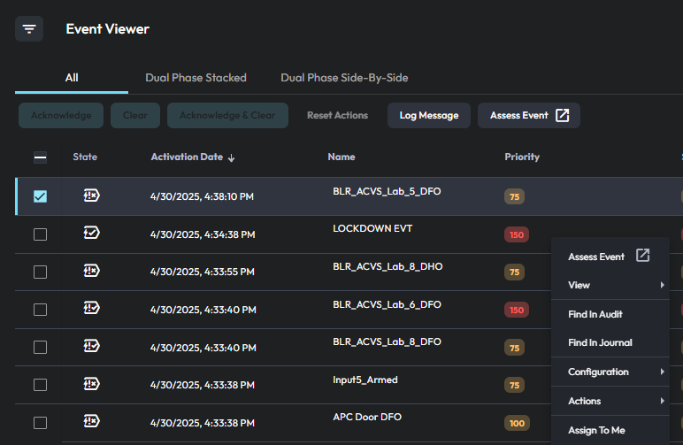 Image of the event viewer module and the event context menu