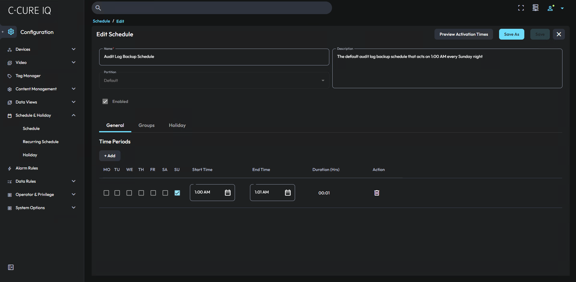 Image of the C•CURE IQ schedule editor