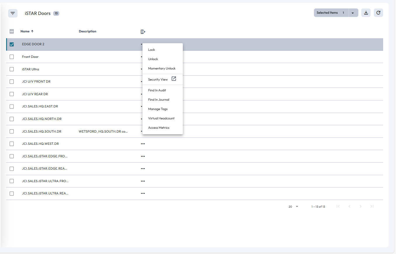Image of a device context menu in the iSTAR Doors page.