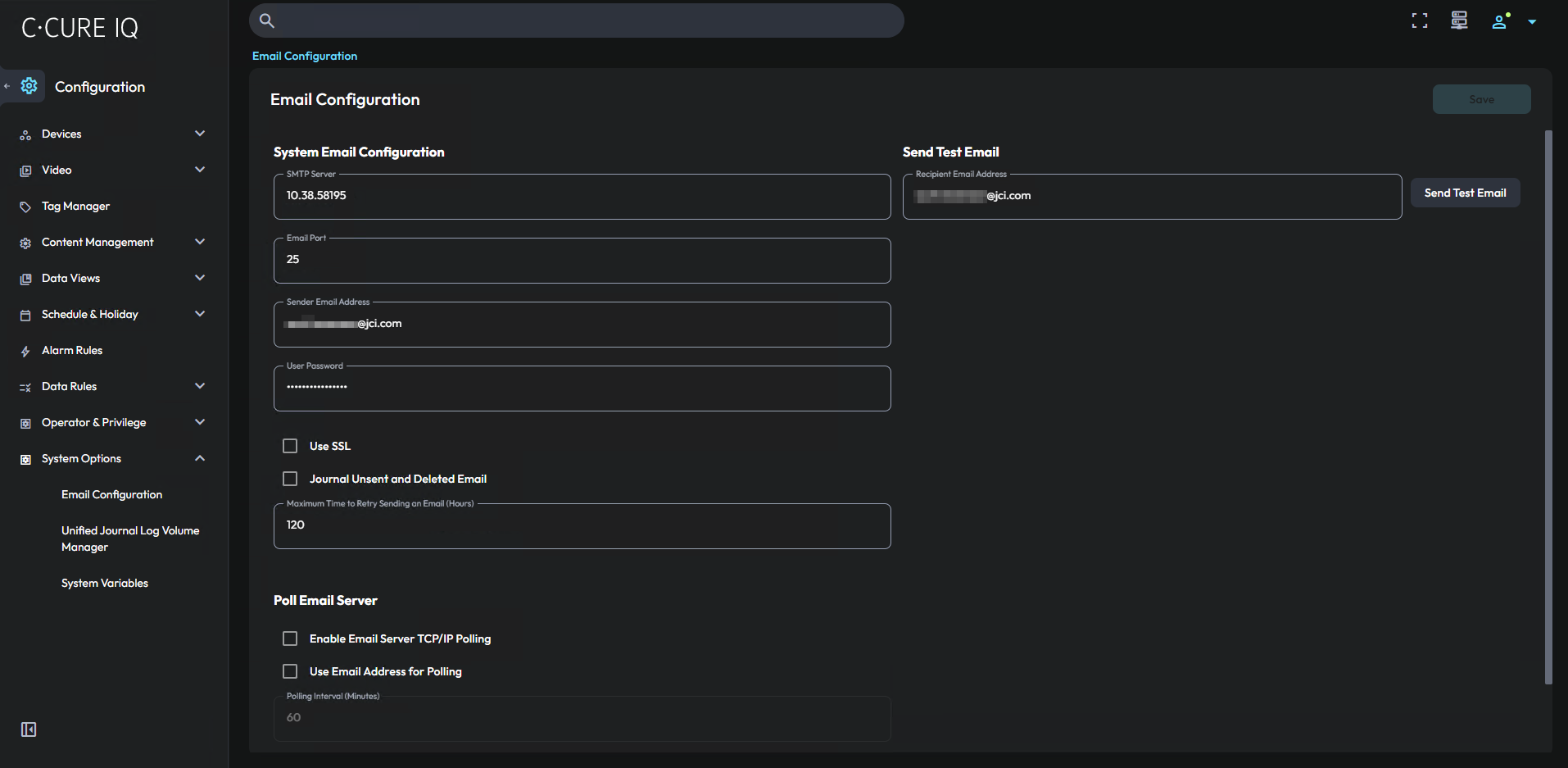 Image of the email configuration page in CCURE IQ.