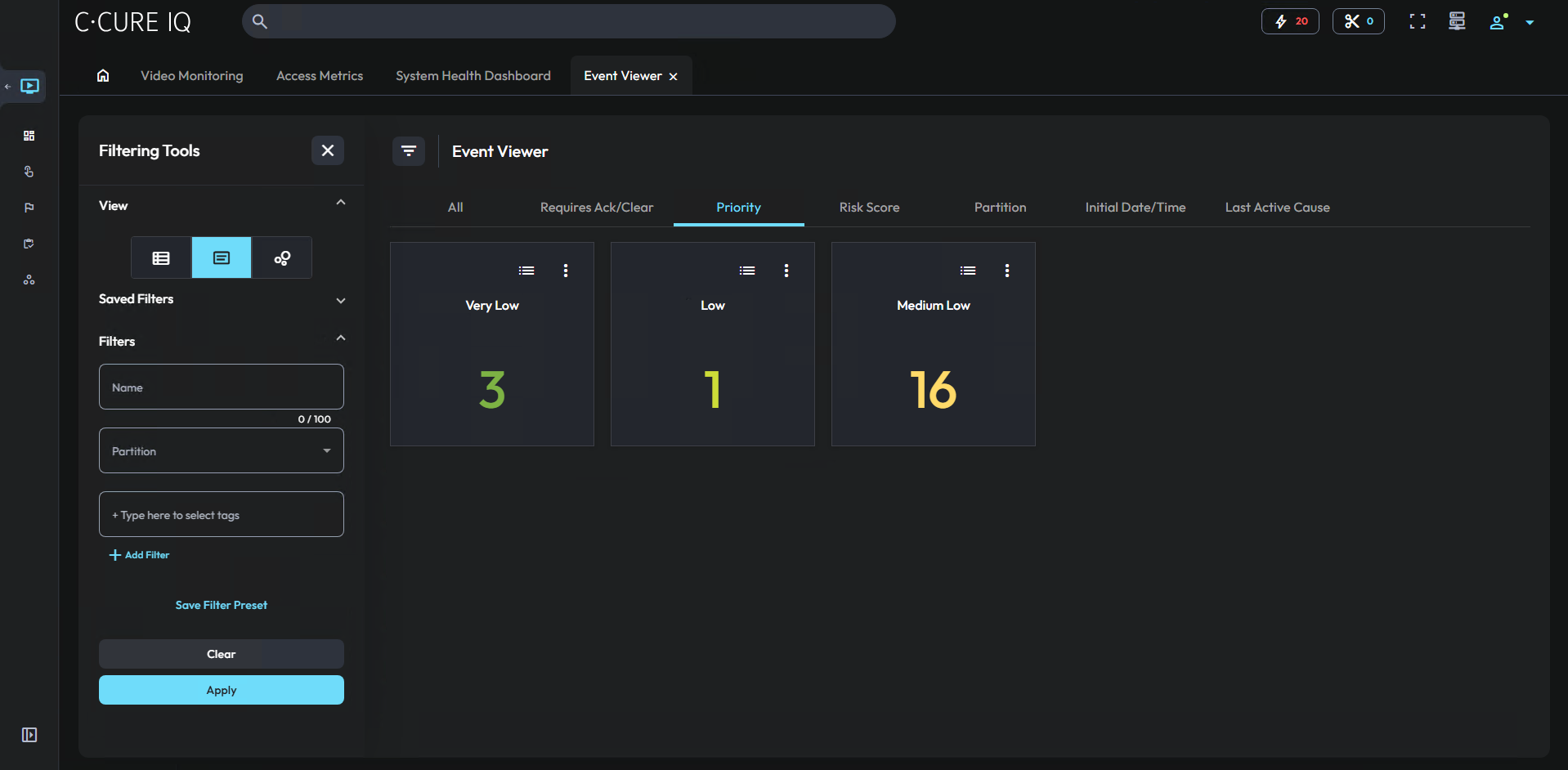 Image of the event viewer card view. Events are grouped by priority.