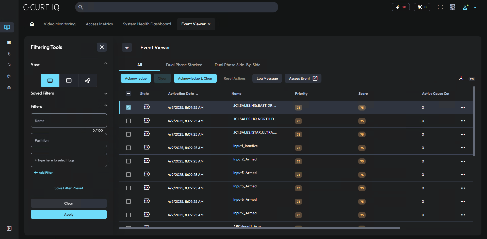 Image of the event viewer in list view.