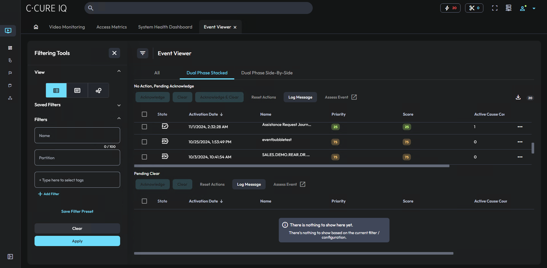 Image of the event viewer in dual phase stacked list view