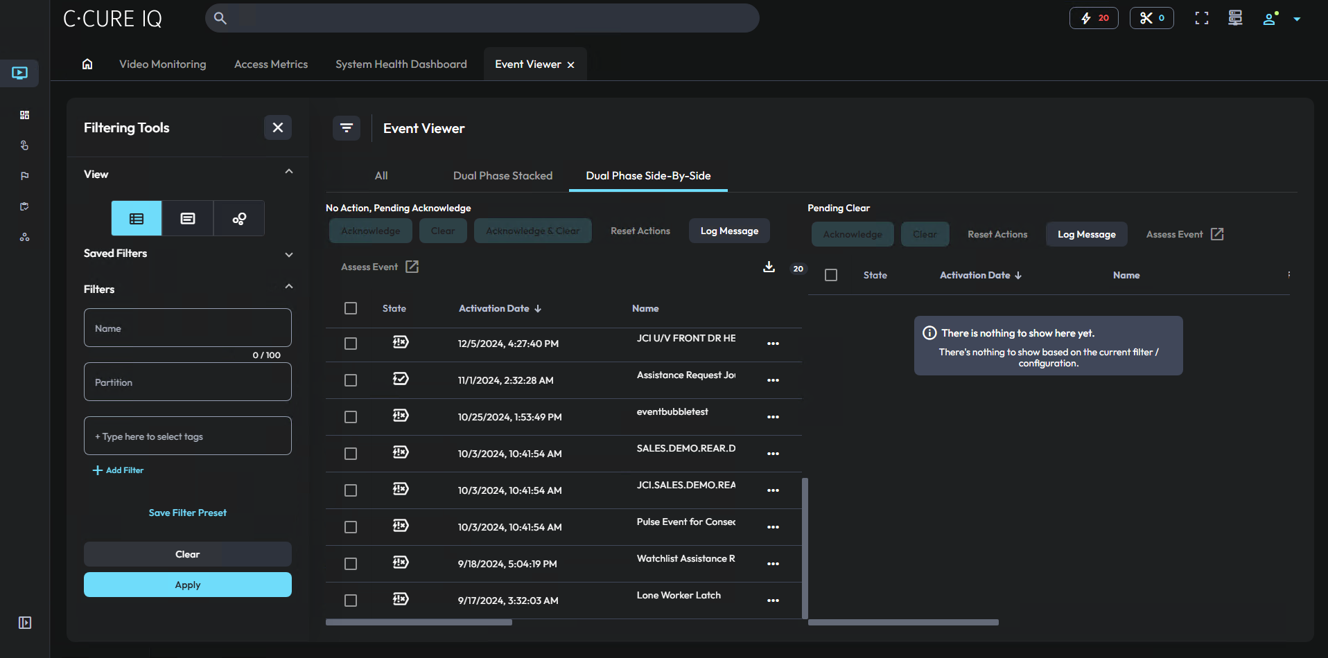 Image of the event viewer in dual phase side-by-side list view