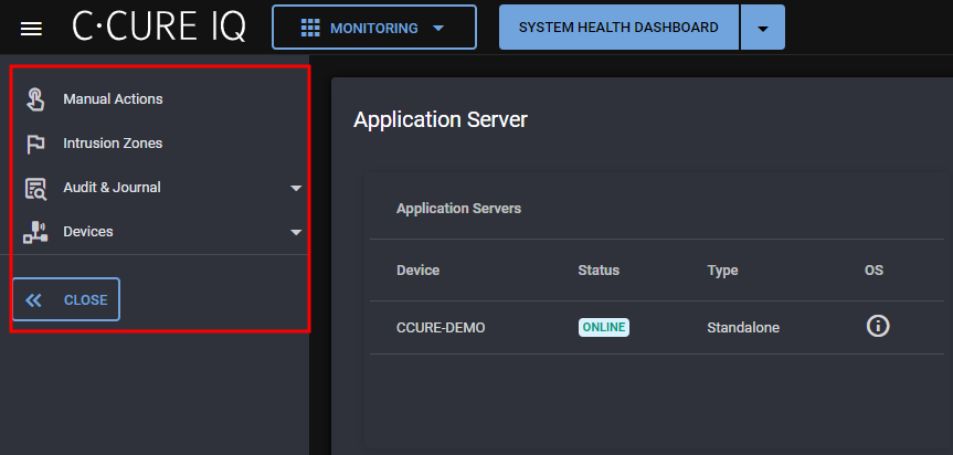 A screenshot of the explorer bar, which is a hamburger menu in the top-left of the screen. There are four options in the menu: Manual Actions, Intrusion Zones, Audit and Journal, and Device actions.