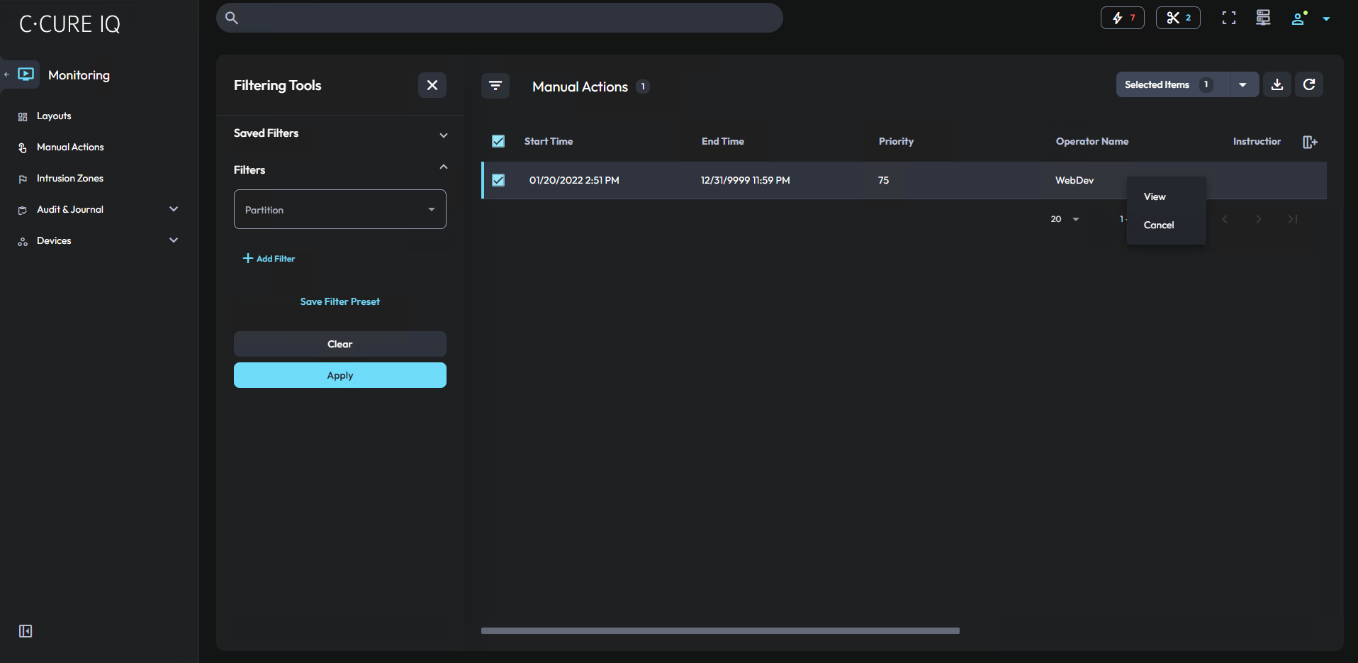 Image of the Manual Actions tab, with the context menu displayed
