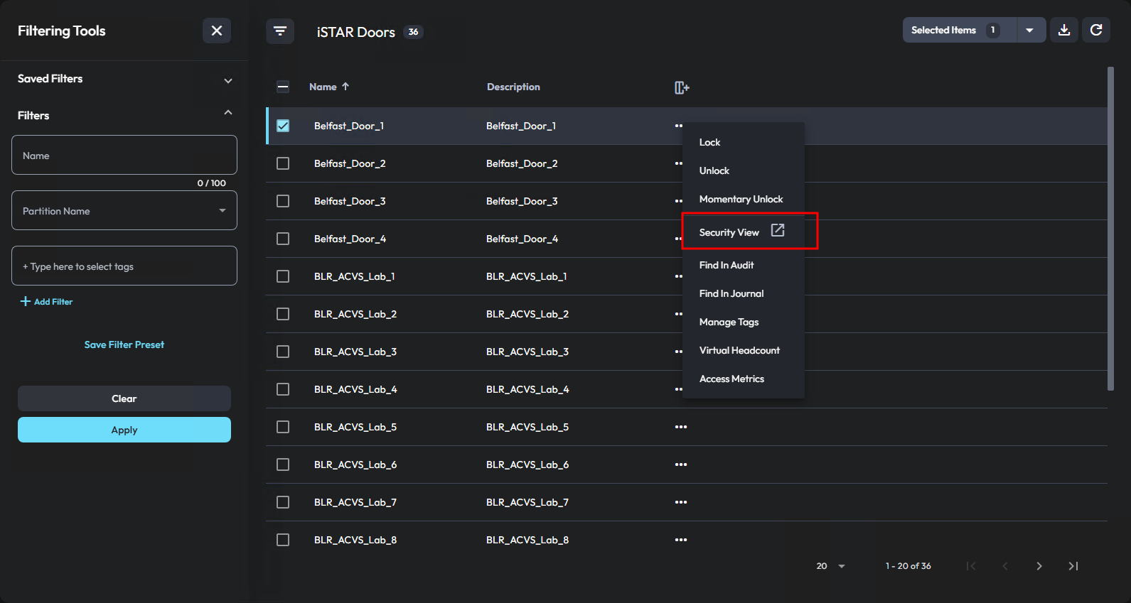 Image of the security view option on an iSTAR door’s context menu
