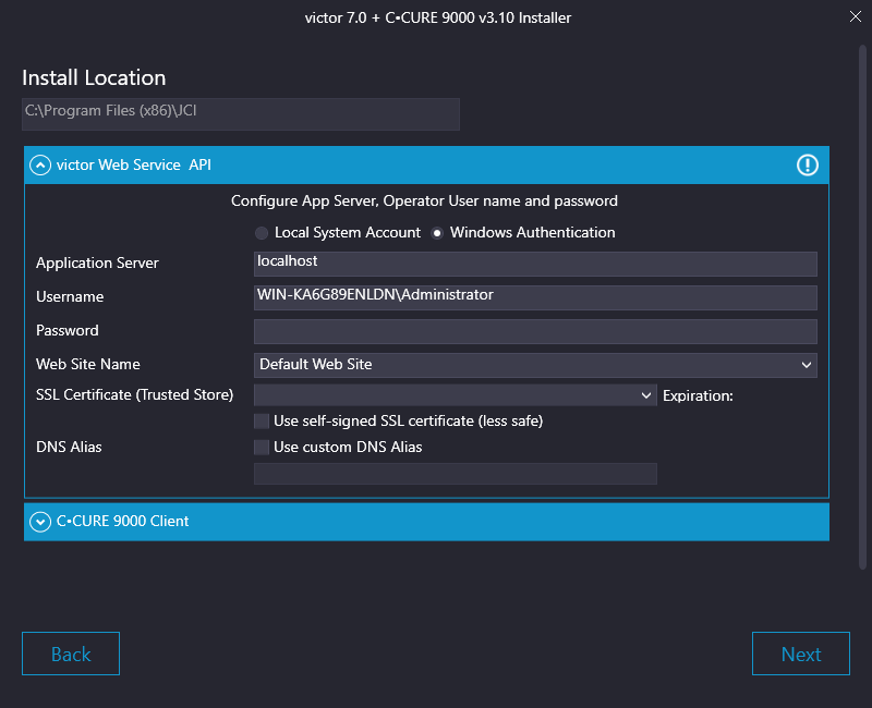 Image showing SSL fields in the installation application as they appear on the updated Web Service API screen.