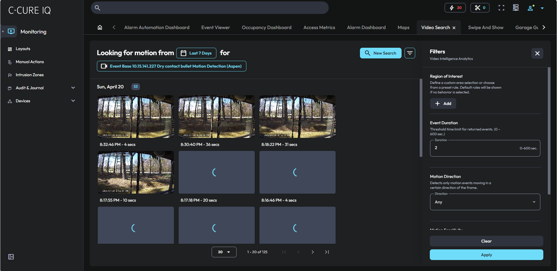 Image of a motion search in progress in the Video Search module